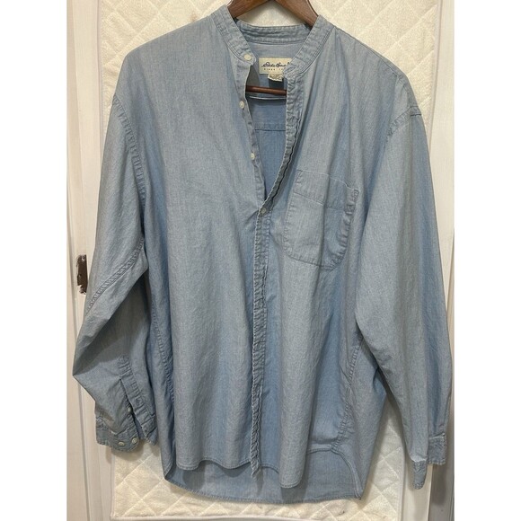 Mens Vintage Eddie Bauer Light blue Cotton Chambray Shirt Collarless Size Large - Picture 1 of 5